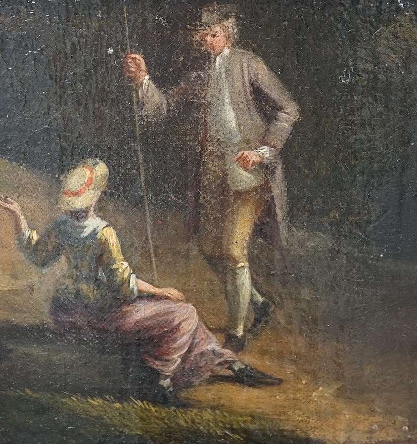 19th century, English School, oil on board, two figures in a landscape, 14.5 x 13cm. Condition - fair, some general wear